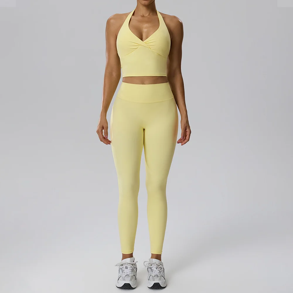 Naked Yoga Set V-neck Hanging Neck Tank Top Beautiful Back High Waist Hip Lifting Elastic Pants Fitness Training Two piece Set view 4