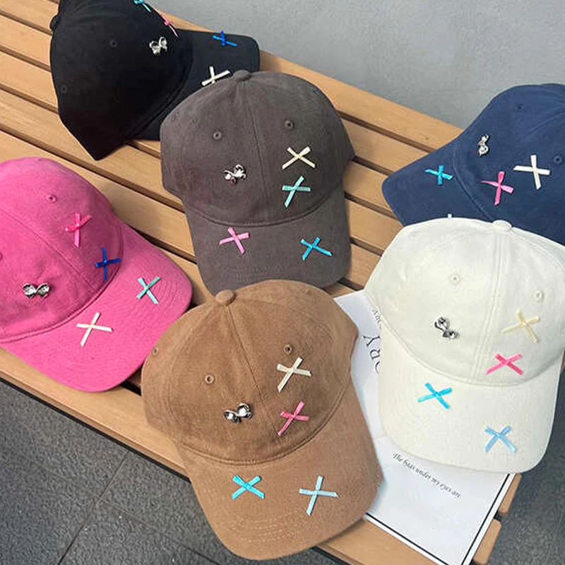 

Korean Dopamine Bowknot Embroidery Baseball Cap Adjustable Washed Denim Snapback Hats for Girls Cute Top Sun Hat Female Caps