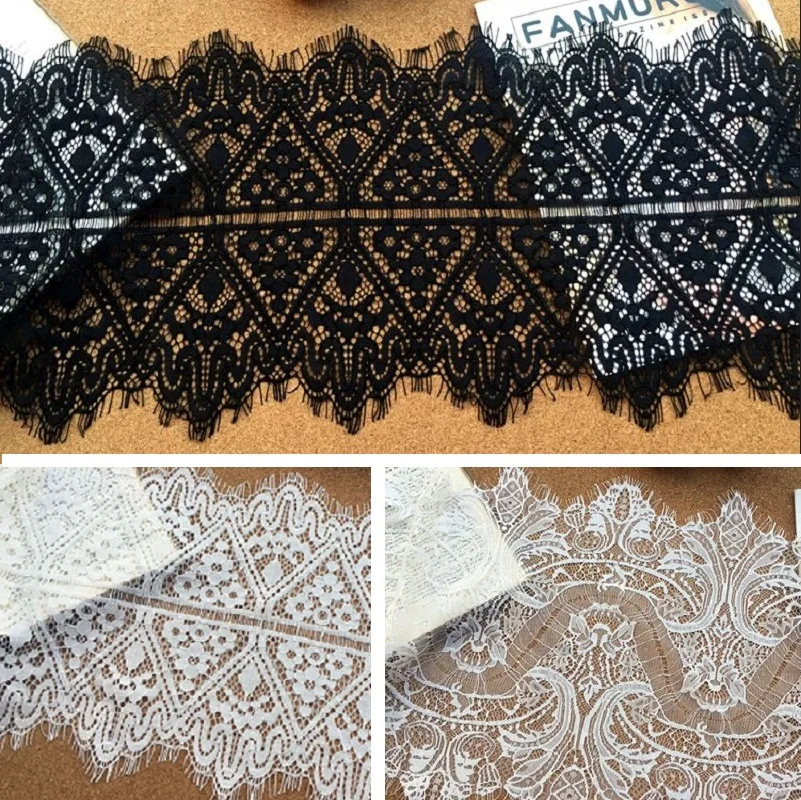Franse Wimper Lace Trim, Chantilly Net Lace Stof, Applique voor DHZ Accessoires, Wit en Zwart, 29cm 33cm Breedte