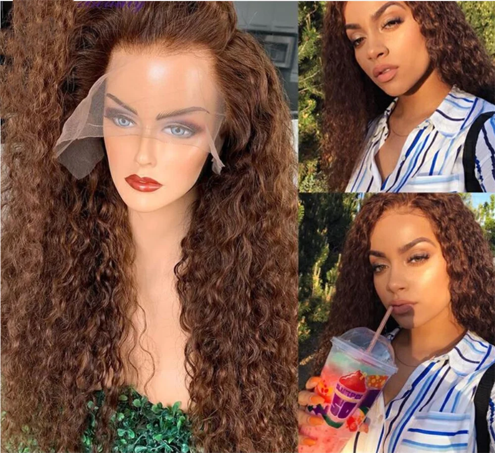 26 pulgadas suave marrón largo rizado sin pegamento 180 densidad profunda peluca con malla frontal para mujeres con pelo de bebé prearrancado diario