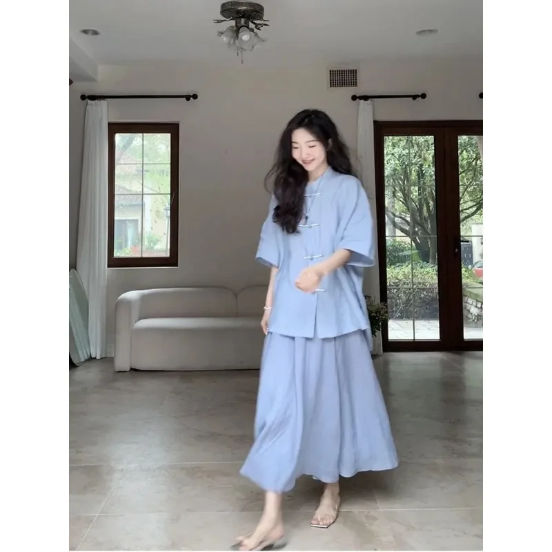 

Women Chinese Style Lazy Two Piece Outfit Summer Frog Button Loose Top Casual Flowy Long Skirt Daily Suit