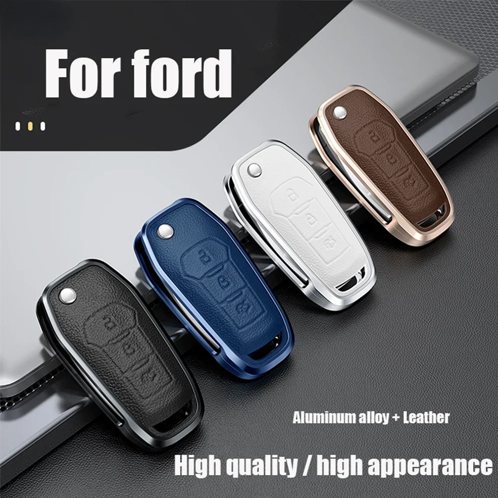 Aluminum Alloy Ultra-light Flip Car Key Fob Case Cover for Ford F150 Focus Kuga Fiesta Edge Genuine Leather Remote Holder Shell