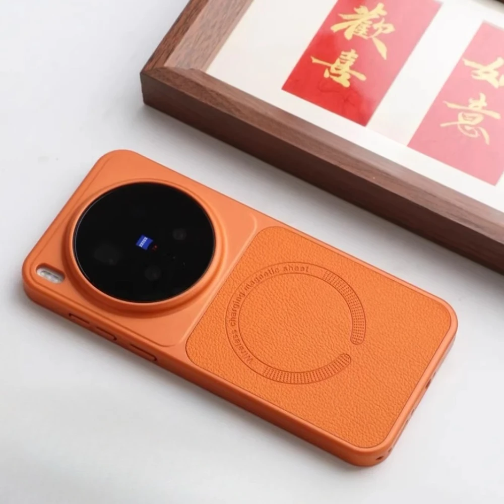 

For vivo X300 Ultra Case Litchi Skin Pattern For Magsafe Magnetic Hard Edges Non-slip Protect Cover For vivo X300s Shell Bumper