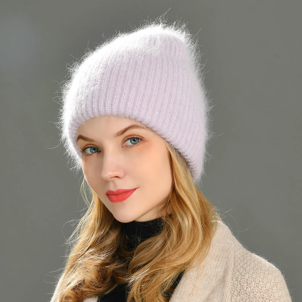 Autumn Winter Rabbit Hair Winter Hat Warm Casual Women Solid Skullies Fluffy Cashmere Wool Knitted Beanies Hat with Bright Wire