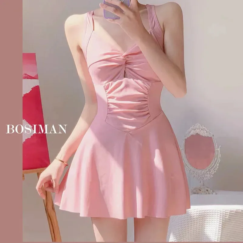 Traje de baño bonito y dulce con cuello colgante para mujer, ropa de playa Sexy de una pieza, traje de baño, vestido de playa, traje de baño, conjunto de Bikinis de cintura alta para niñas