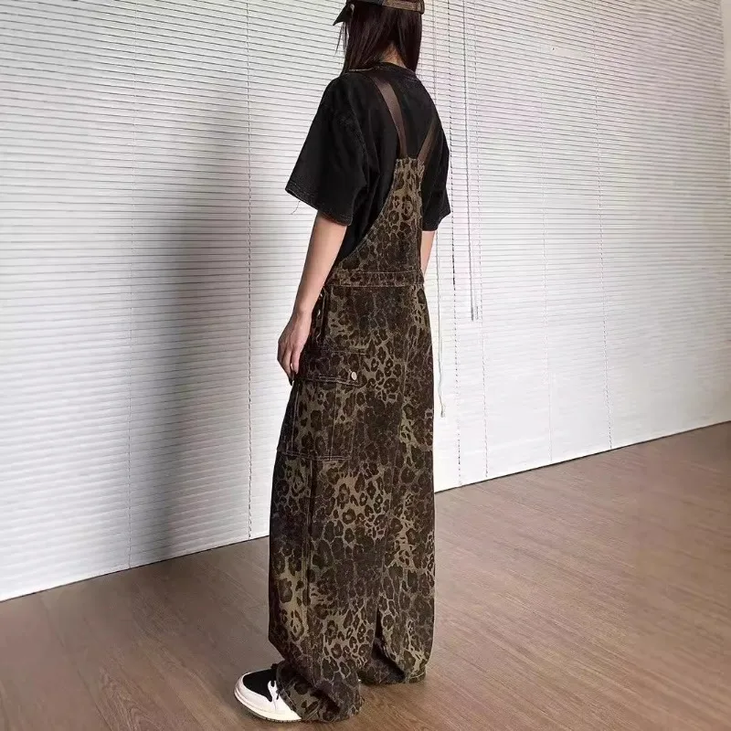 2025년 신상 여성 의류 레오파드 프린트 데님 오버롤 가을 겨울 루즈핏 데님 와이드 팬츠 여성 캐주얼 데님 점프수트 트렌드