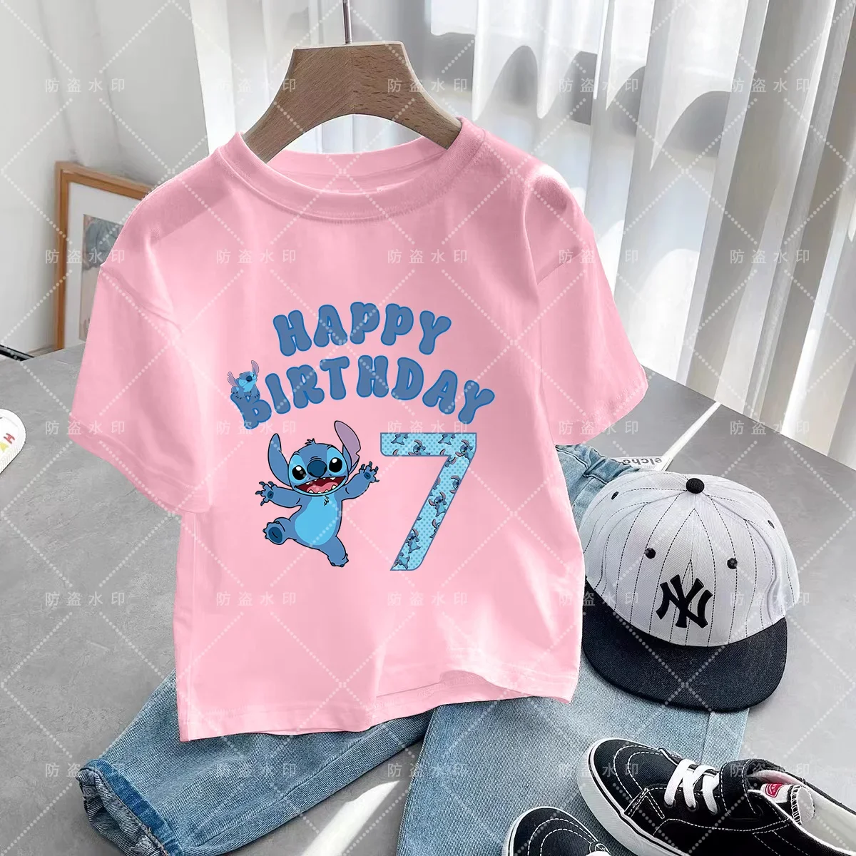 Stitch Blue Pink Kids T-shirt Disney Birthday No. 3-12 Kawaii Boys Girls Casual Wear Anime Little Baby Casual T-shirt top