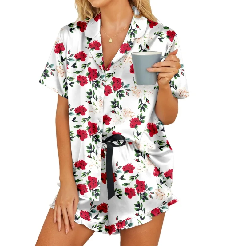 الصيف طباعة الحلو بيجامة من الحرير المرأة قصيرة الأكمام السراويل ملابس خاصة 2 قطعة الحرير الساتان Pjs مجموعة تي شيرتات قصيرة للأطفال زر أسفل المتسكعون S-XL