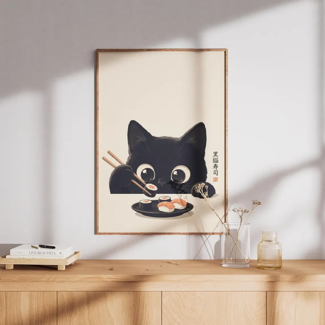 Adorable Sushi Cat Peeking Wall Art - Whimsical Print Celebrating Feline Foodie Joy. The Soft Beige Backdrop and Expressive Cat