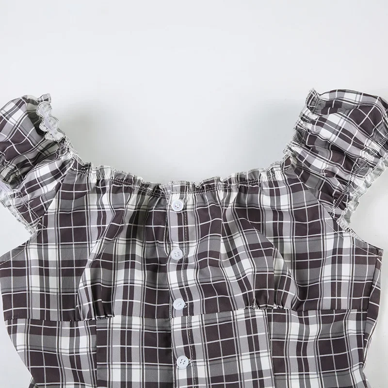 بلوزة Rockmoer Tartan منقوشة حلوة ضيقة للنساء 2000s قميص صيفي ريترو Preppy لطيف Y2k Fairycore بأزرار وياقة مربعة