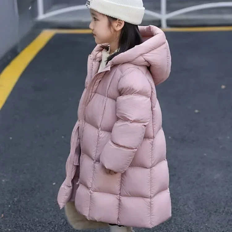 Girls Long Over The Knee Fashion Down Cotton Jacket 2024 New Korean Solid Casual Cotton Jacket for Children