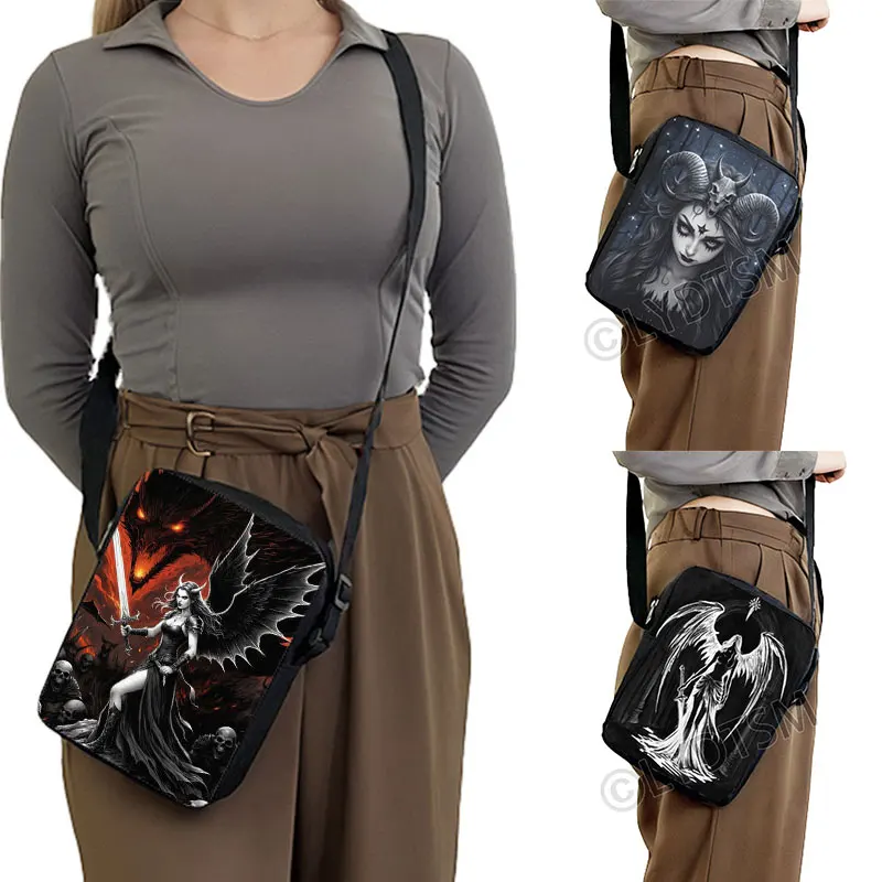 

Готическая черная сумка через плечо с узором ангела Demon Punk, женская сумка на плечо, сумка-мессенджер, держатель для телефона, сумка для книг