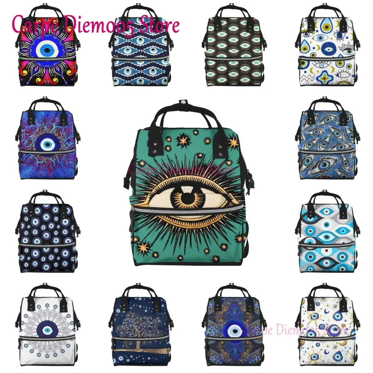 Navy Blue And Aqua Nazar Evil Eye Lucky Charm Printed Mummy Backpack Diaper Bag Multi-Function Maternity Nappy Bags