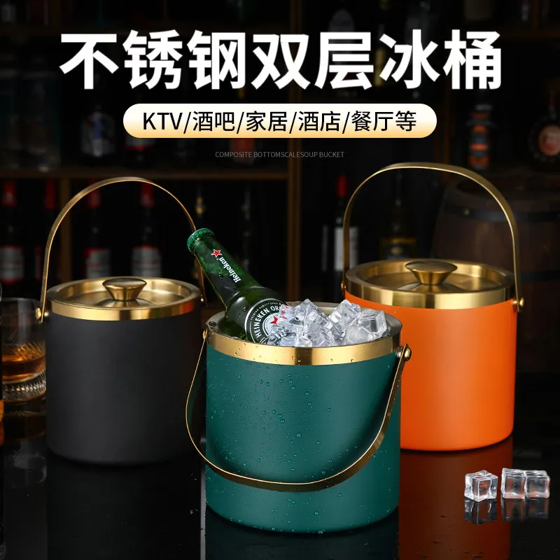 Stainless steel ice  bucket portable beer bucket high value bar KTV champagne red wine double insulation ice bucket