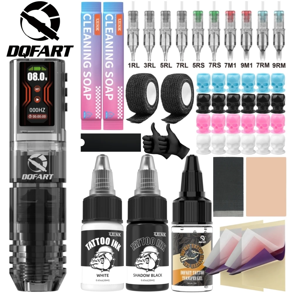 DQFART New P2 Led Digltal Display Electric Wireless Tattoo Machine Set Tattoo Ink Tattoo Needles Transfer Printing Gel Body Art