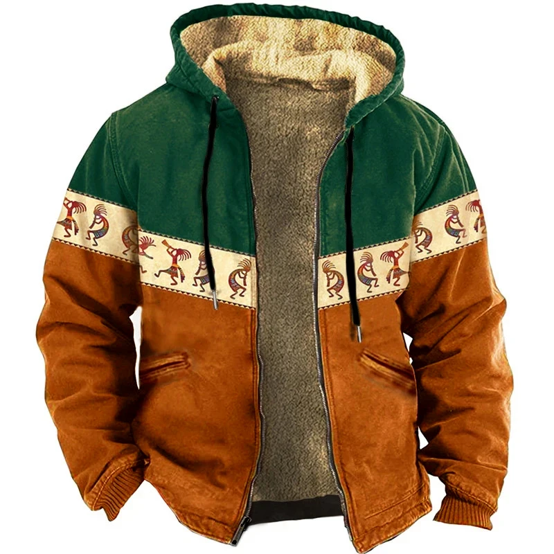 Vintage Ethnic Style Graphic Jackets Mens Winter Warm Wool Liner Coats Streetwear Fashion Drawstring Hooded Jacket Coat For Men