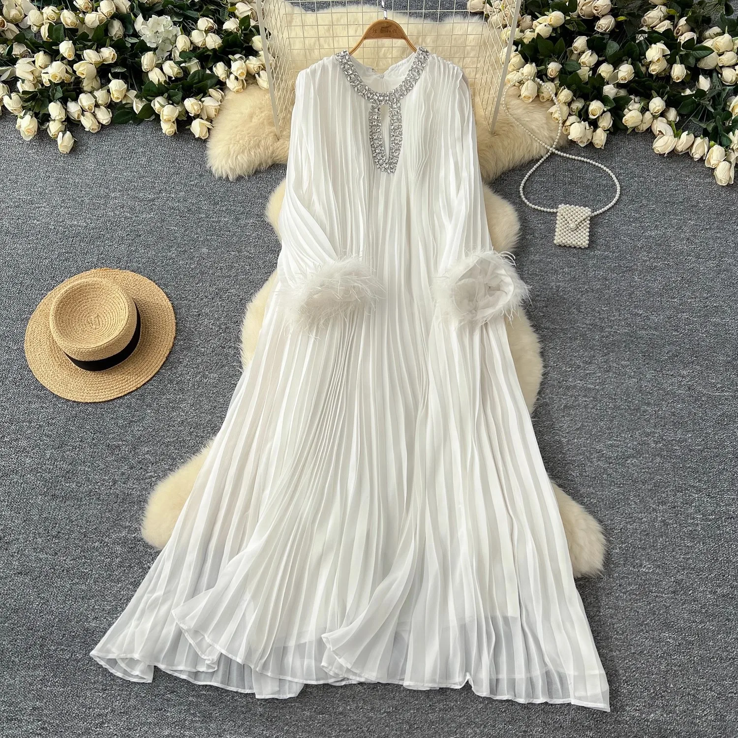 Women Solid Spliced Diamond Feather Long Sleeve Ruched Pleated Loose Robe Oversize Holdiay Big Swing Irregular Long Prom Vestido