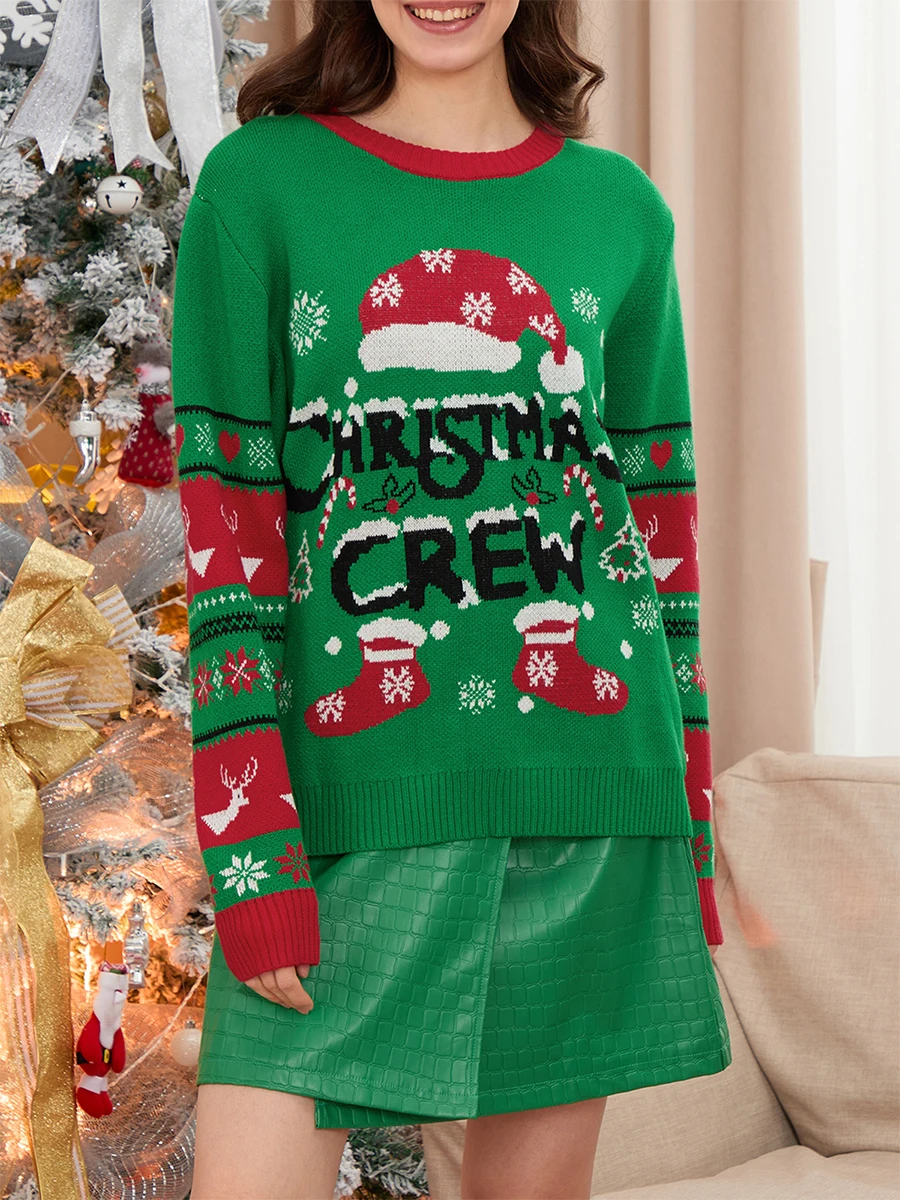 Women's Christmas Sweaters Christmas Tree Pattern Ribbed Trim Crew Neck Long Sleeve Loose Fit Casual Knit Tops