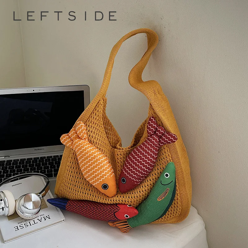 

LEFTSIDE Fish Design Knitting Shoulder Bag Woven Hand Bag Beach Bag Holiday Travel Handbag Shopper Shopping Purse for Women