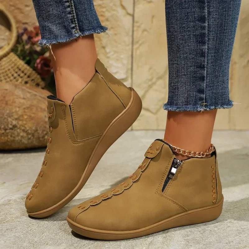 Boots  Women Winter Genuine leather Ankle Spring flat Shoes woman Short Vintage Boots With Fur 2024 for women lace up boots