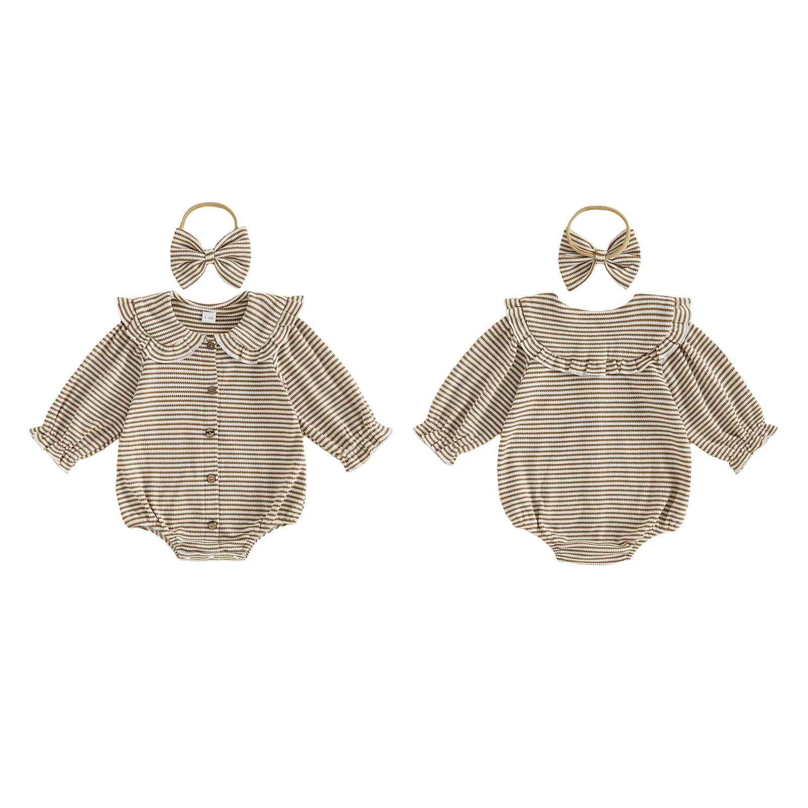 Baby Girl Fall Romper Waffled Stripe Print Long Sleeve Doll Collar Button Down Bodysuit with Bow Headband