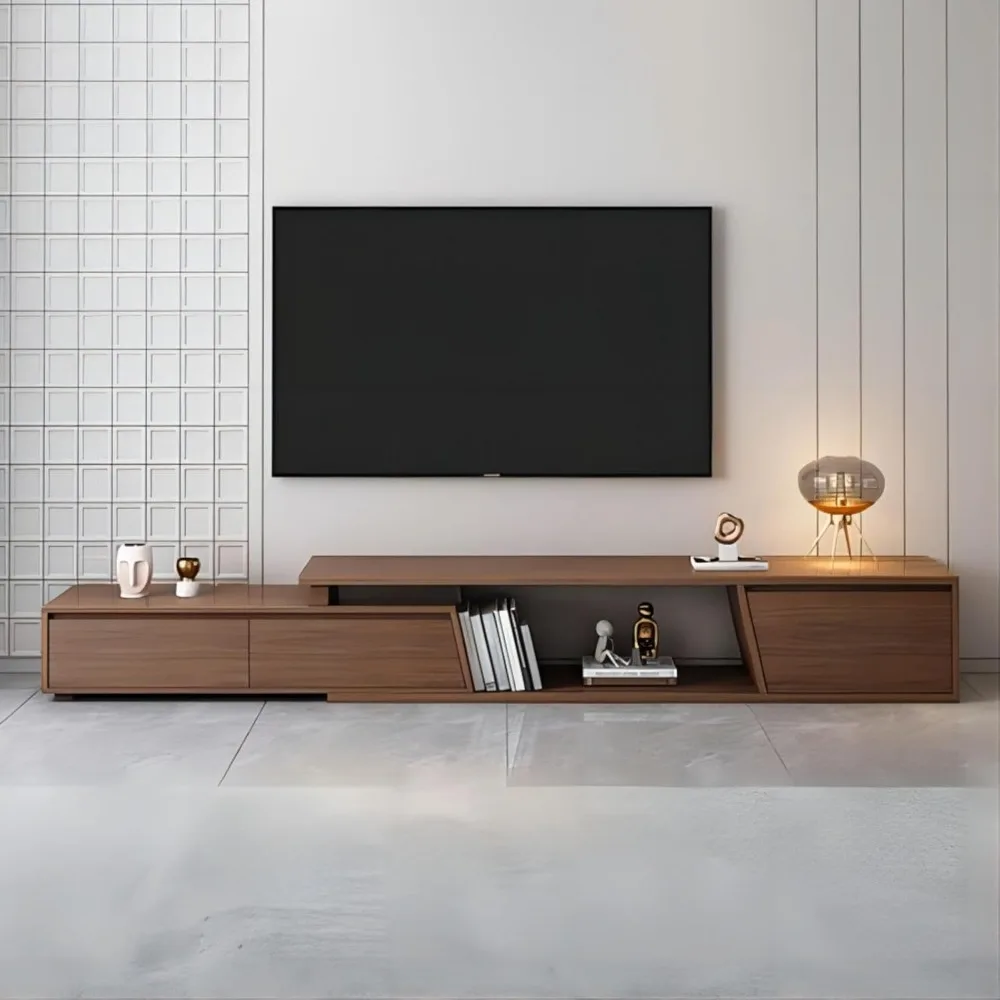 Mesa consola de TV rectangular minimalista para centro de entretenimiento de nogal de hasta 110" (extensible: 70,9 pulgadas de ancho-110,2 pulgadas de ancho)