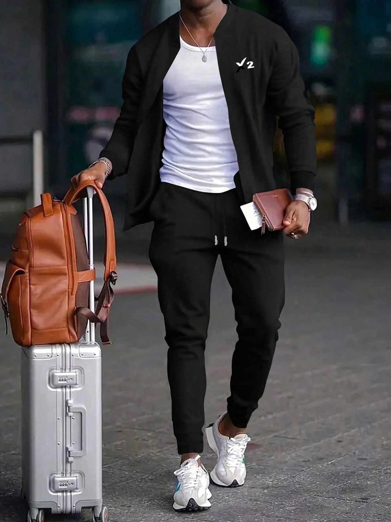 

Men's Casual Sport Set Spring Fall Color Block Baseball Collar Zip Jacket & Drawstring Pants 2 Piece Running Tracksuit 2