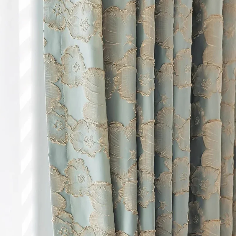 Blue Gilding 3D Embossed Flower Jacquard Bedroom Curtains, Luxury Bronzing Exquisite Semi-shade Living Room,Kitchen Drapes Decor