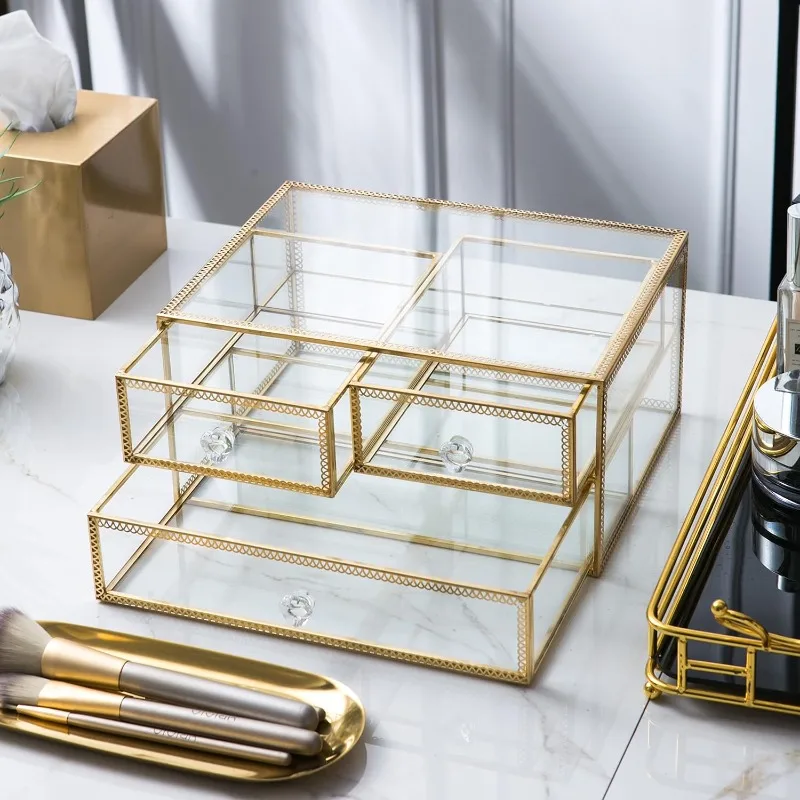 Glass Makeup Organizer, Jewelry Box Drawer, Vintage Jewel Organizer, Desktop Cosmetic Storage, Makeup Container, Kee