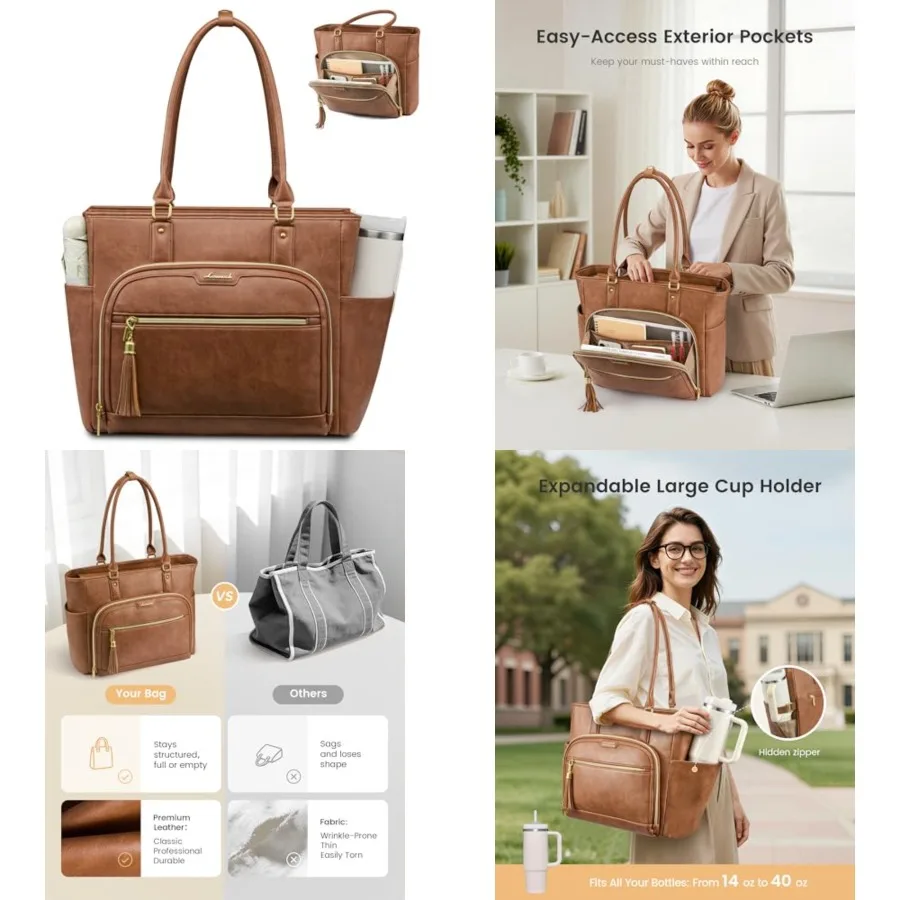 

Laptop Tote Bag for Women Work, Vintage Leather Teacher Nurse Bag with Large Cup Holder, Bible Handbag Purse GIfs, Waterproof P