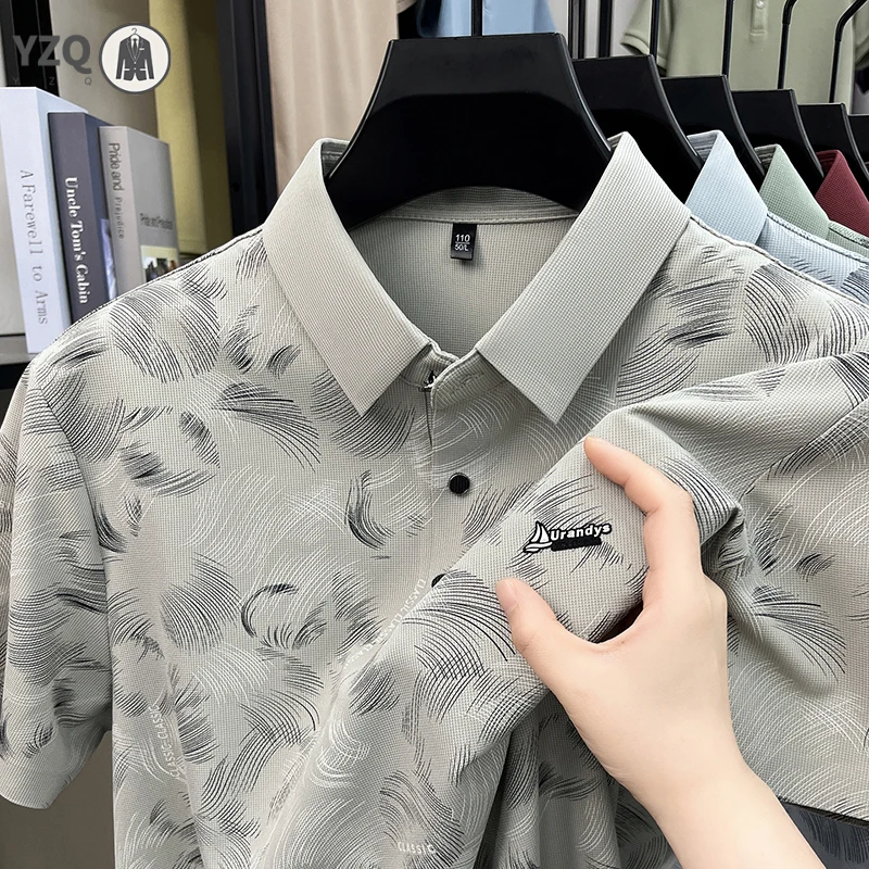 Thin Wrinkle Free Printed Polo Shirt For Gentlemen Chest Logo Daily Errands Friend Meet And Afternoon Relax Outfit