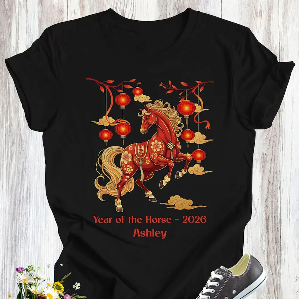

Personalized Year of The Horse 2026 Red Lantern T-Shirt Lunar New Year Zodiac Tee Custom Horsey Top Lucky Chinese Festival Gift