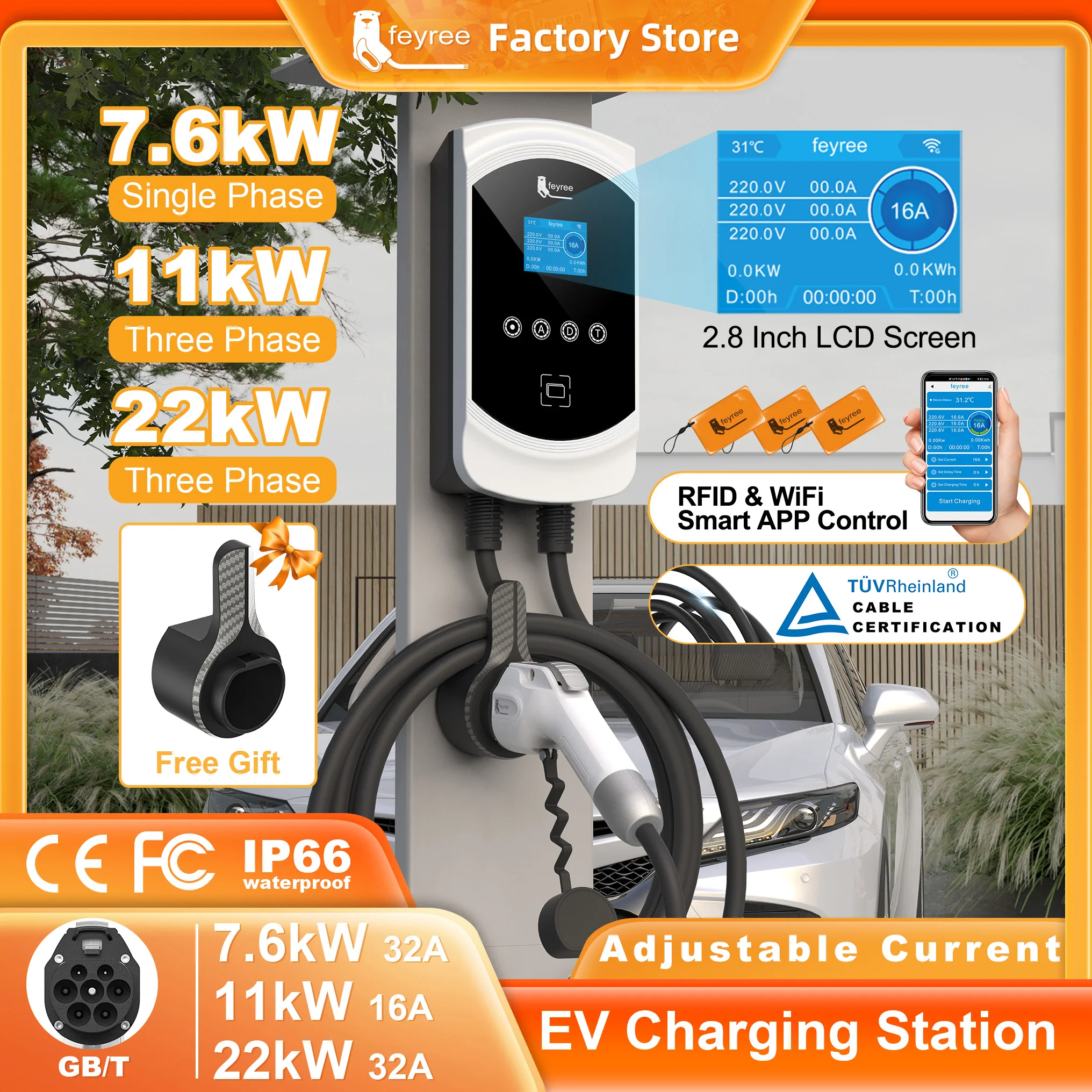 

Feyree Зарядное устройство для электромобилей GB/T Socket 32A 7KW 1Phase 16A 11KW 3Phase 22KW Зарядная станция управления через приложение для электромобиля EVSE Wallbox