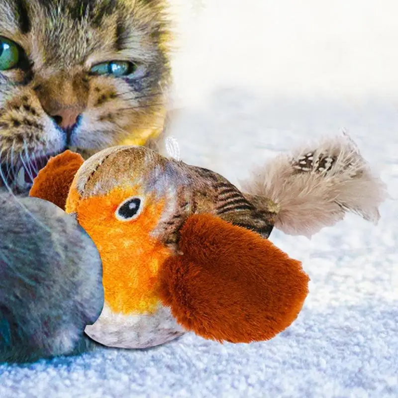 Cat Squeaky Toy Battery Powered Bird Shape Squeaky Cat Chirp Toy with Feather Tail Multifunctional Interactive Cat Kicker Chew