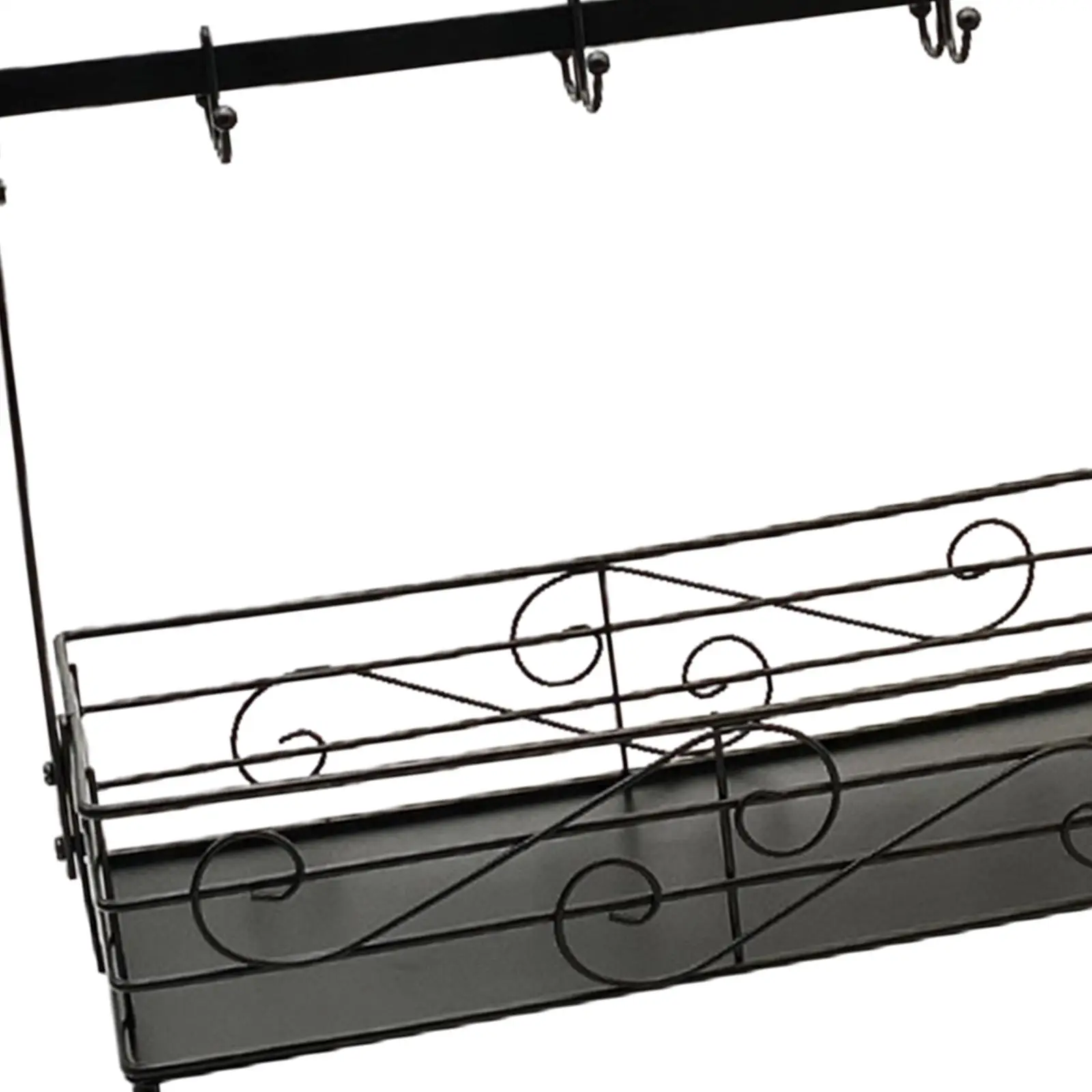 Wrought Iron Storage Basket Shelf for Kitchen Counter Organization Multipurpose Desktop Rack with Hooks for Coffee Mug and Snack
