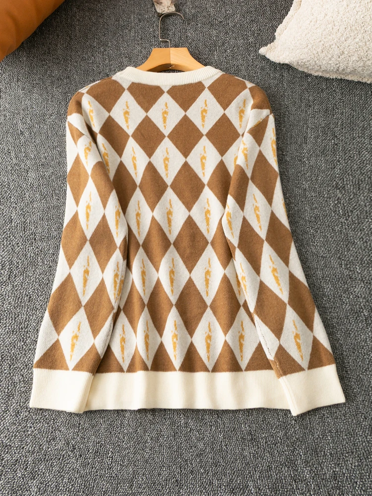 Wygodny koreański sweter z okrągłym dekoltem, z nadrukiem, łatwy w noszeniu, ciepły wełniany top dla kobiet, modny i uniwersalny.