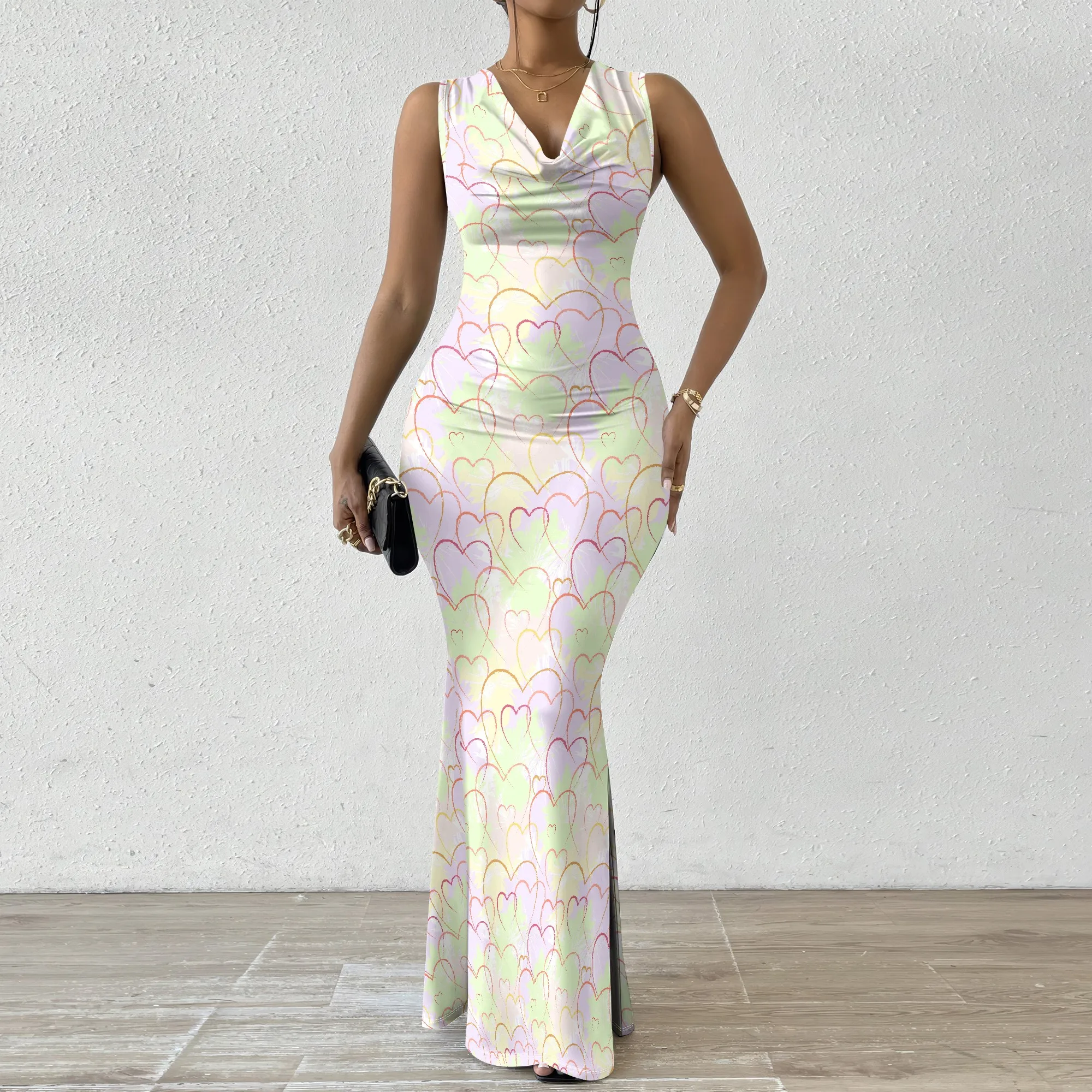 

Women's Mermaid Dress Fitted Cowl Neck Fishtail Dress XS-2XL Heart Motif for Cocktail Party Wedding Reception