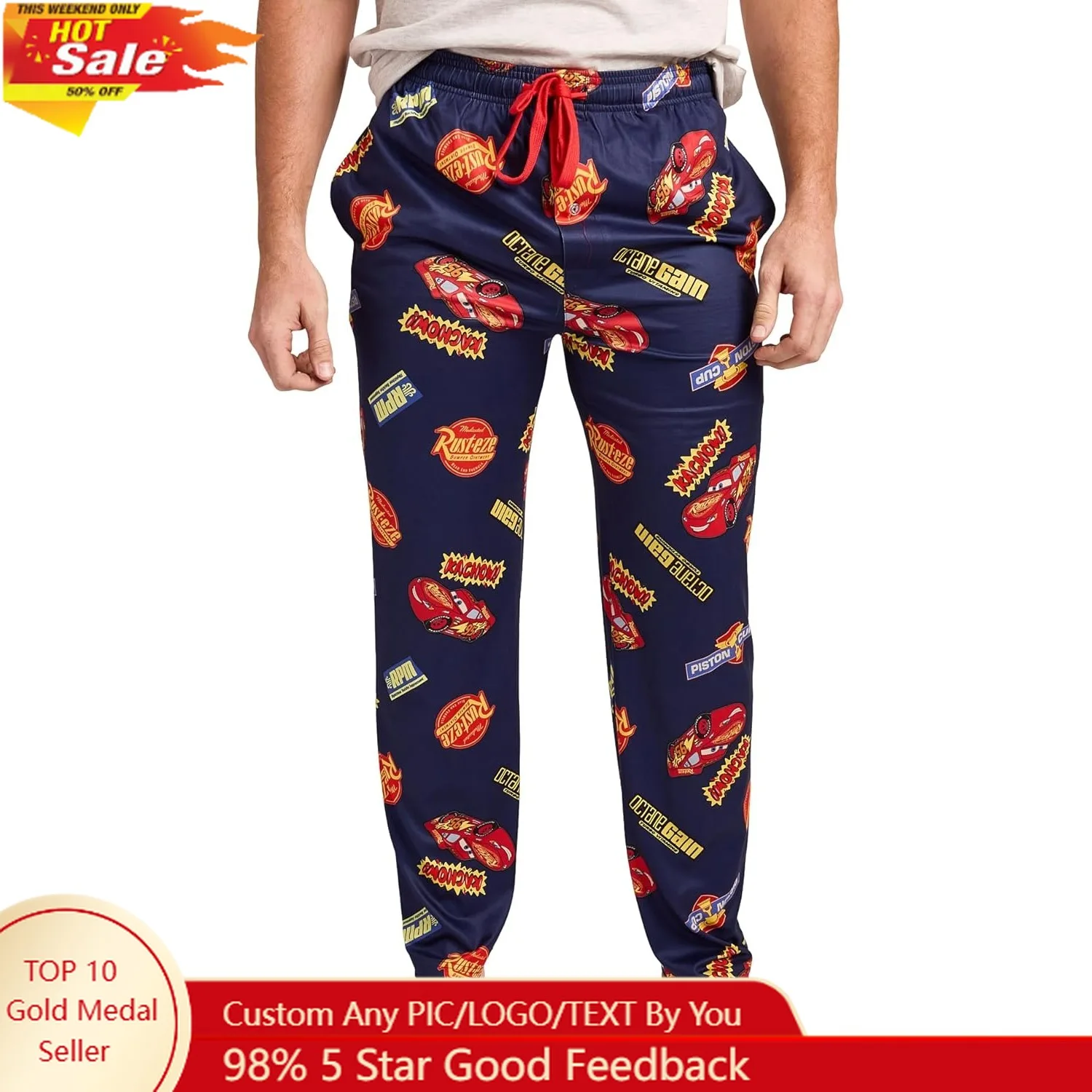 

Pixar Cars Lightning McQueen и логотипы с радиаторными пружинами, темно-синие пижамные штаны для сна для взрослых