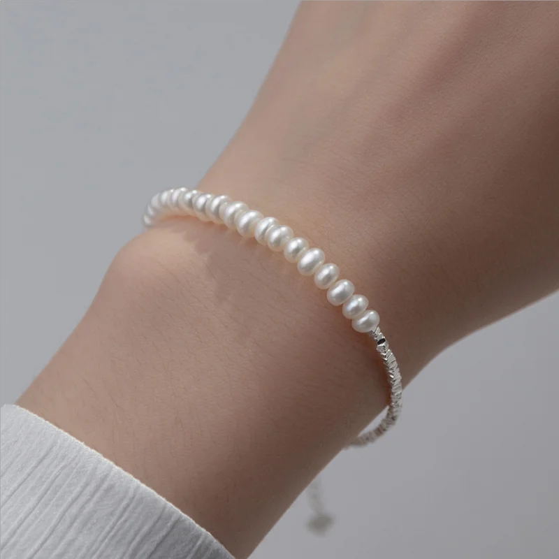 

HENGSHENG Irregular Small 925 Sterling Silver Freshwater 5-6mm White Pearl Bread Bead Bracelet Fine Jewelry Gift for Women Girls