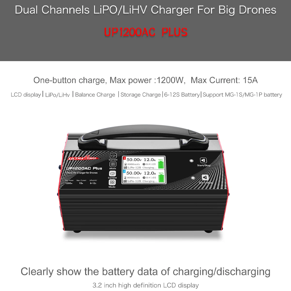 

Ultra Power UP1200AC PLUS 2X600W 15A 6-12S Battery UAV Drone Charger