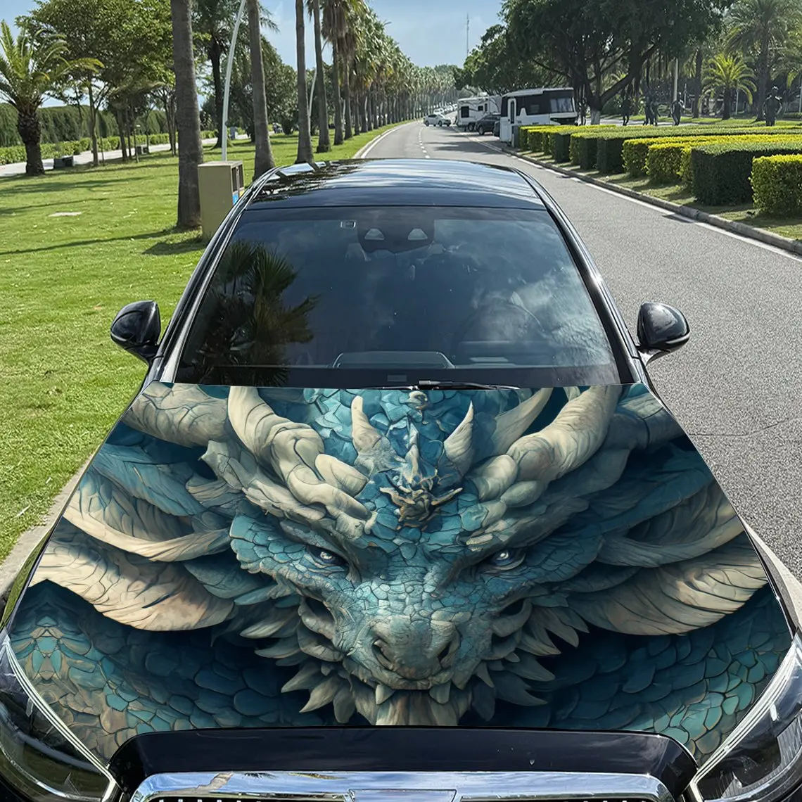 

Green Sragon head Car Vinyl Wrap, PVC Material Waterproof Car Hood Sticker, Self-Adhesive Scratch-Resistant Stickers for Engine