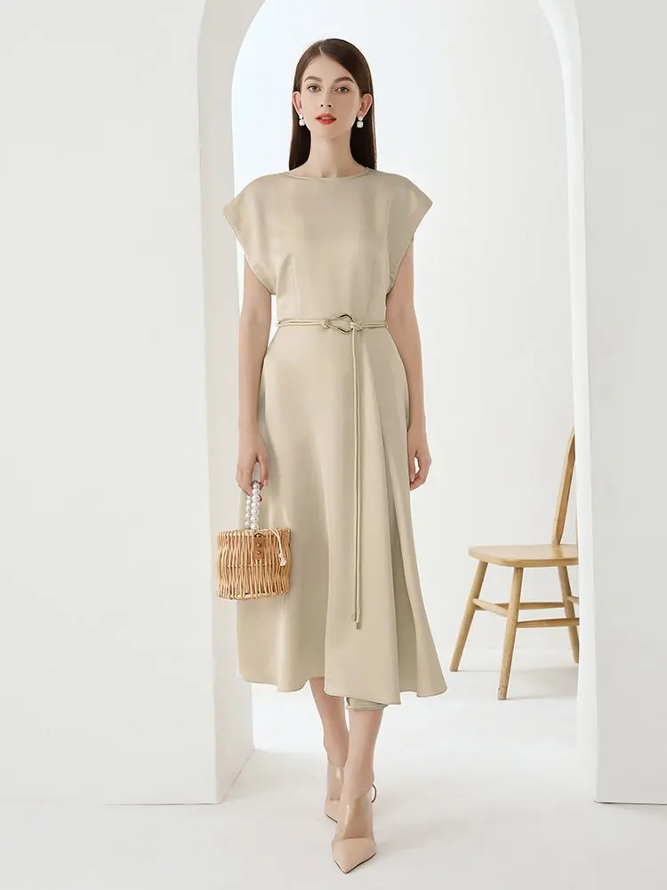 

Ele Summer Svel Women's Dr High Waist Loose Fit Acetate Long Skirt Ci Commute Sle round Ne H-ape Gown