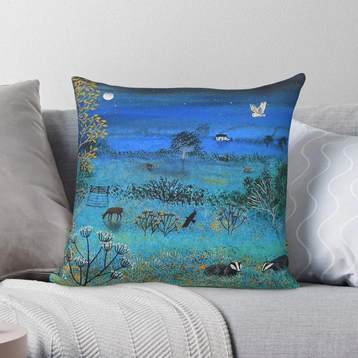 Moon Stars Badger Wildlife Square Pillowcase Polyester Linen Velvet Printed Zip Decorative Pillow Case Home Cushion Cover