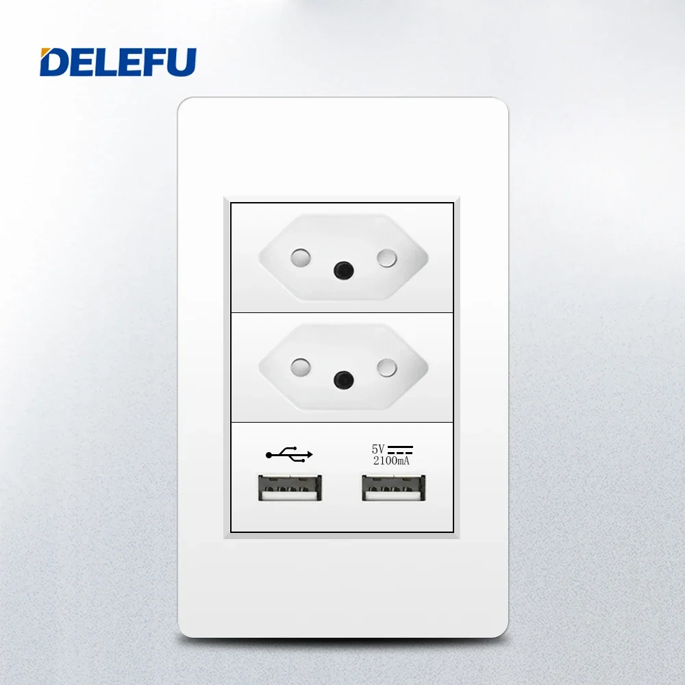 DELEFU Fireproof PC panel wall socket switch, Fast charging, USB, Brazilian standard socket, white, grey, black, Gold 10A, 20A,