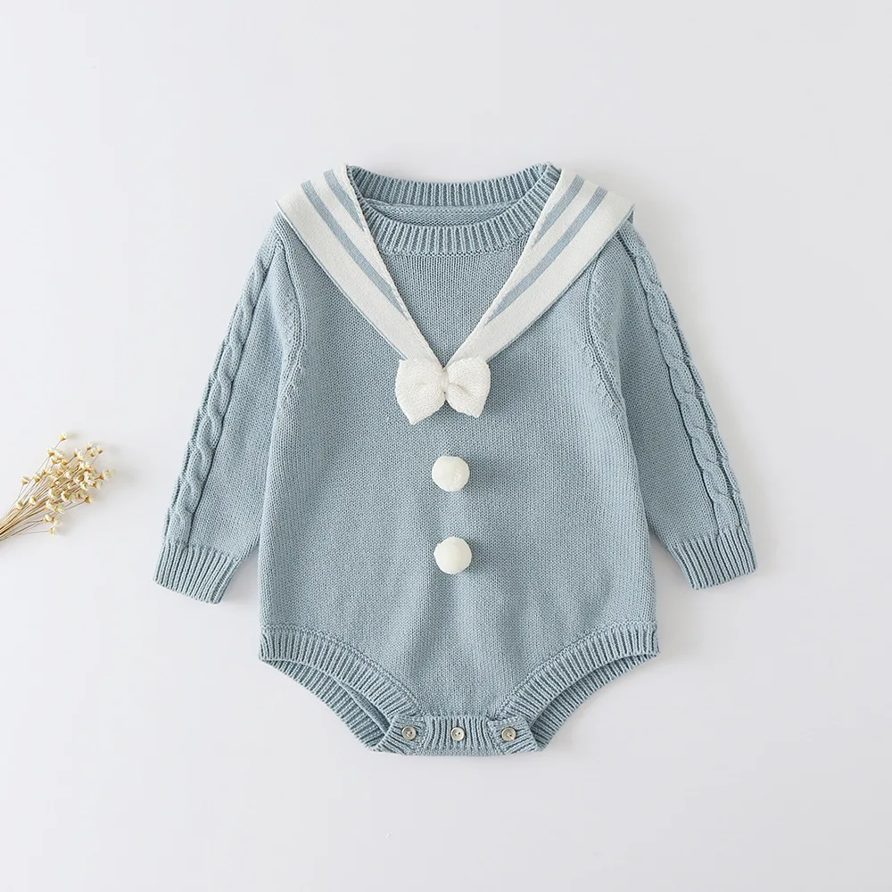 

2025 Spring and Autumn New Rompers for Girls Navy Collar Bow Woolen Jumpsuit Girls Knitted Triangle Crawler Clothes