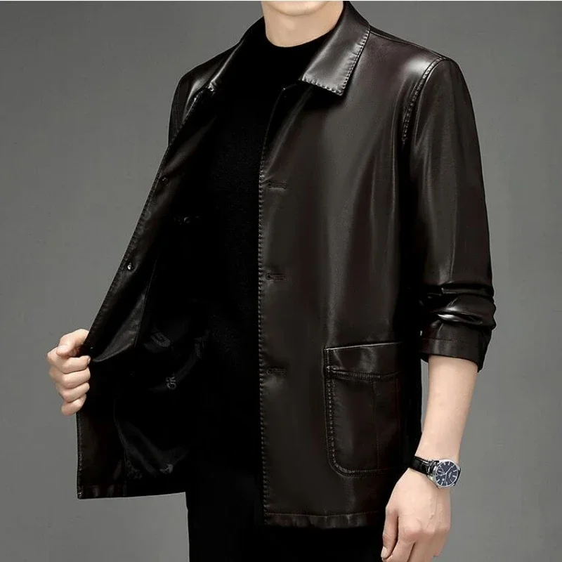 

Spring Autumn Men's Leather Suit Autumn New Button Lapel Casual Young and Middle-Aged Leather Jacket Men's Coat Trench Coats