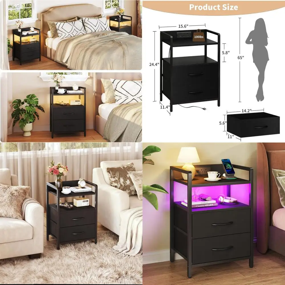 

Современная прикроватная тумбочка с LED-подсветкой, 2-уровневыми полками и тканевыми ящиками, USB- и AC-розетками, черная
