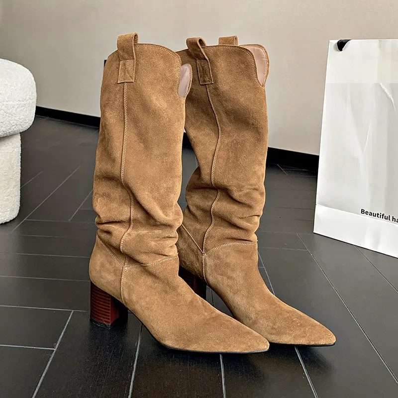 Mid Calf High Boots Slip On Pointed Toe Spring Autumn Woman Cowsuede Boots Chunky Heel Western Boots Cowgirl Fashion Botas