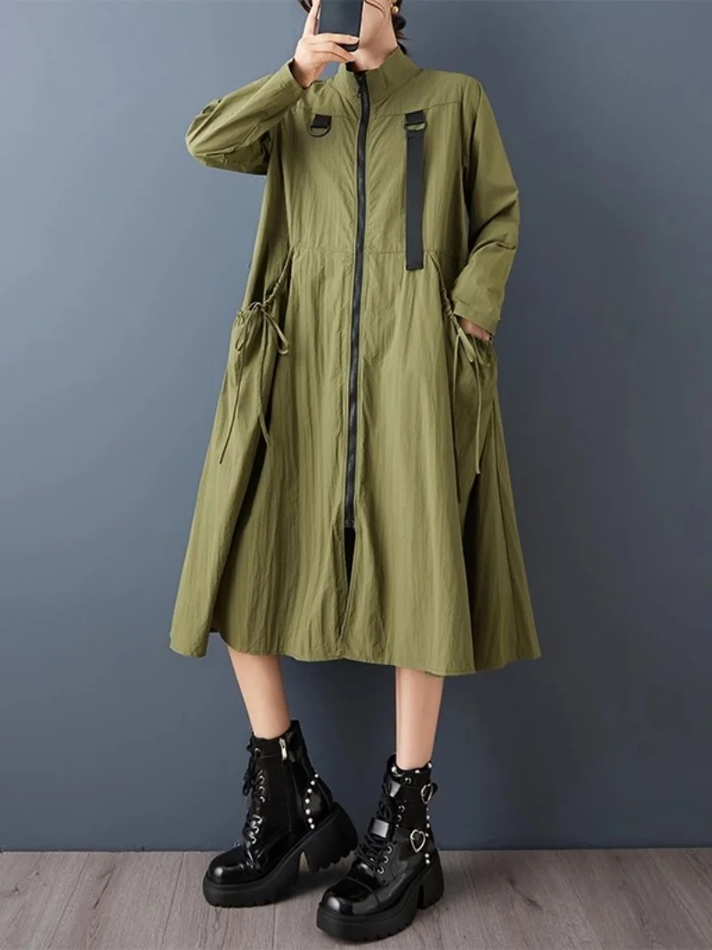 2025 Design Large Pocket Stand Up Collar Windbreaker For Women Loose And Casual Windproof Zipper Jacket Dress W981