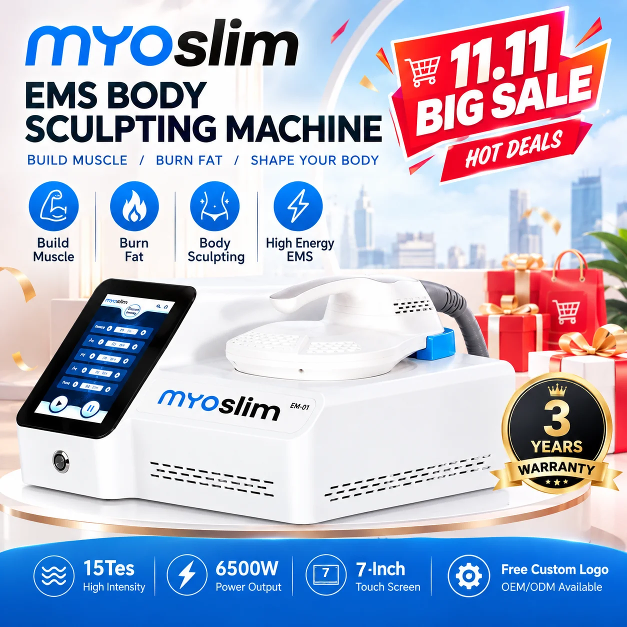 EMS Body Sculpting Machine MYOslim 15Tes 6500W Muscle Stimulator HI-EMT Fitness Equipment for Home Workout Personal Use